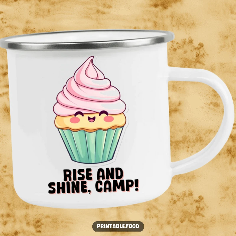 Funny camping mug featuring a cupcake character with dramatic, rising and falling frosting, perfect for outdoor adventures and morning brews.