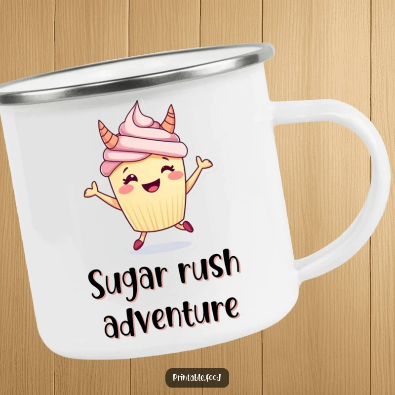 Funny camping mug with a grinning cupcake sporting frosting horns, captured mid-hop, ready for outdoor adventures.