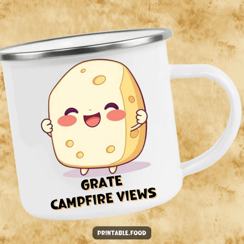 Funny camping mug with a delighted, smiling cheese character being pulled apart, ready for outdoor meals and chuckles.