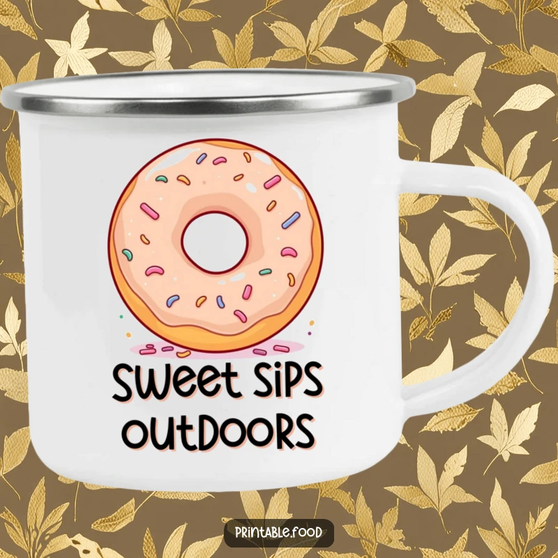 Funny Donut Spinning Sprinkles Camping Mug: A durable mug showcasing a joyous donut spinning merrily, covered in sprinkles, for your travels.