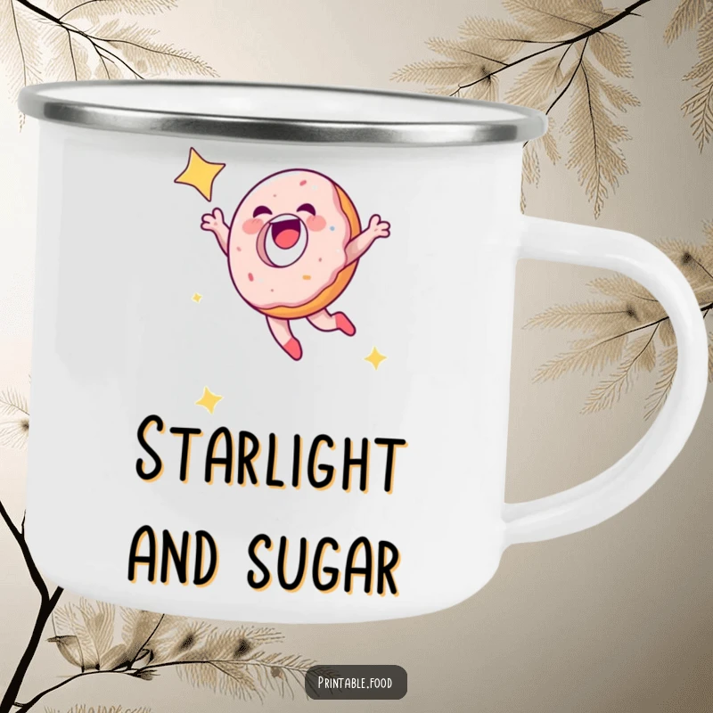 Funny laughing doughnut leaping into a starry sky on a camping mug, great for sweet outdoor humor.