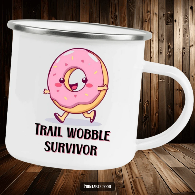 Funny Camping Mug: Jelly donut character doing a silly walk on a trail, a humorous and sweet companion for outdoor trips.