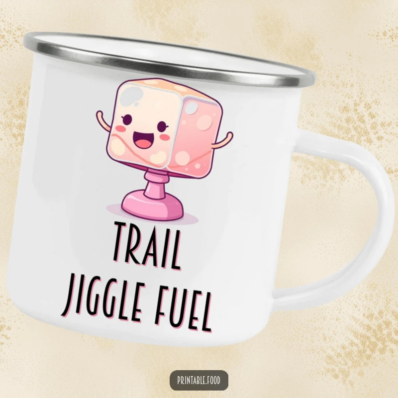 Funny camping mug featuring a wobbly jelly cube bouncing excitedly, celebrating playful outdoor adventures.