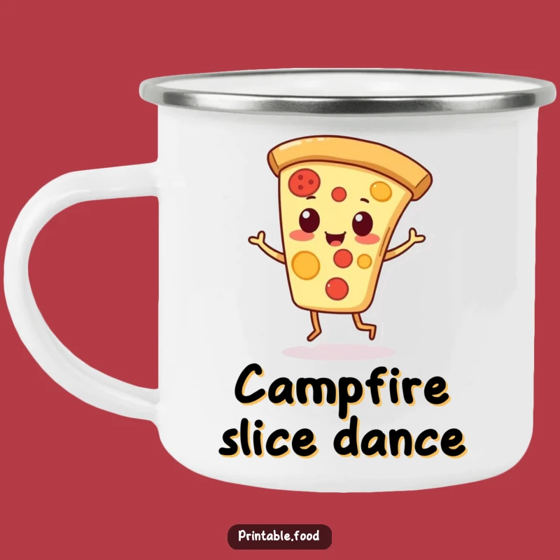 Funny Pizza Slice Camping Mug: Playful Character Jigs Outdoors, Humorous Adventure Gift