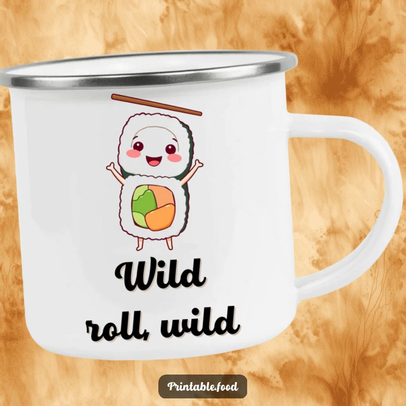 Funny Camping Mug with a smiling sushi roll in a handstand, balancing chopsticks, for outdoor dining fun.