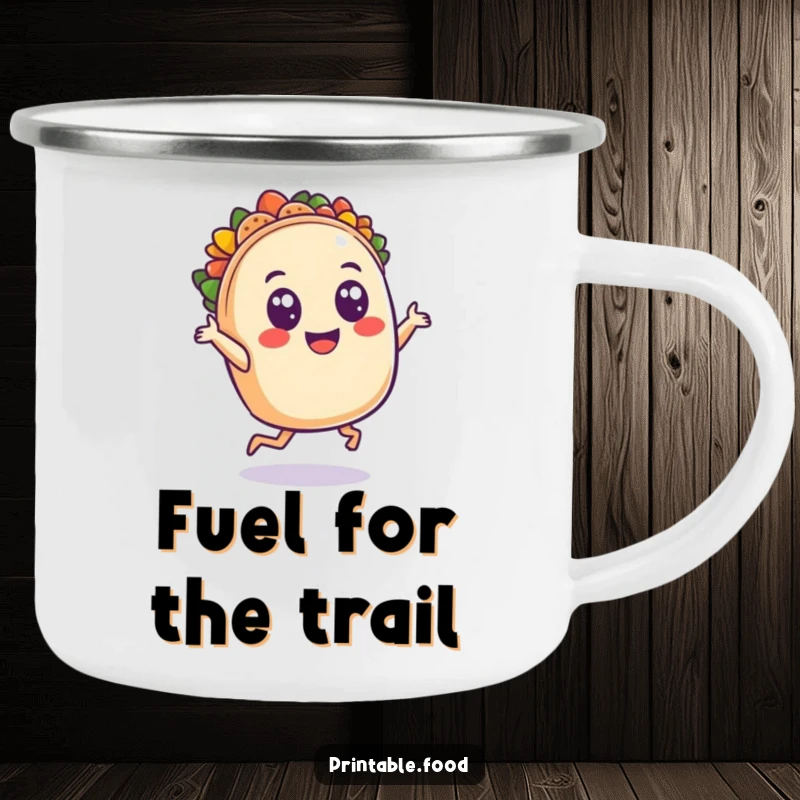 Funny camping mug featuring a dancing taco character with wide eyes, perfect for outdoor enthusiasts who appreciate festive food fun.
