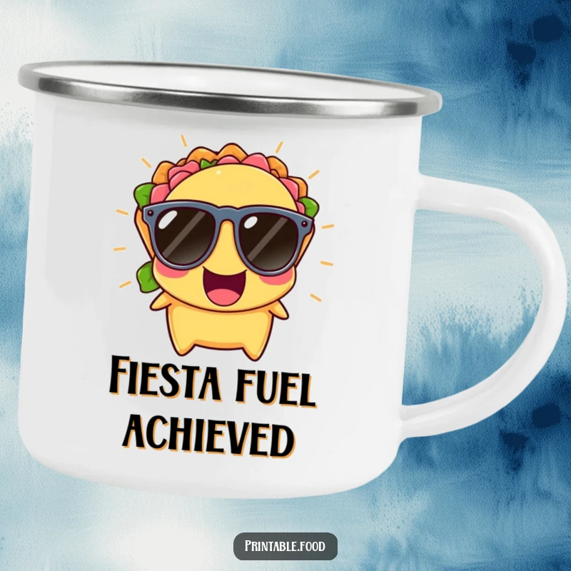 Funny Camping Mug featuring a cheerful taco wearing tiny sunglasses, bursting with laughter, perfect for outdoor fun.