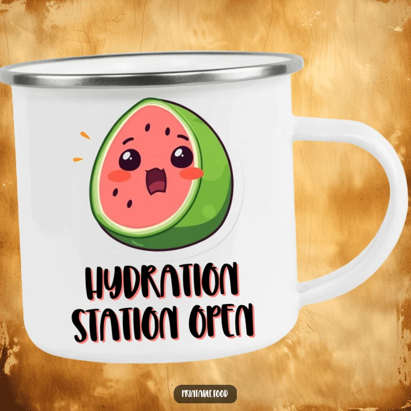 Funny Camping Mug featuring a surprised watermelon slice with a wide mouth open, great for outdoor enjoyment.