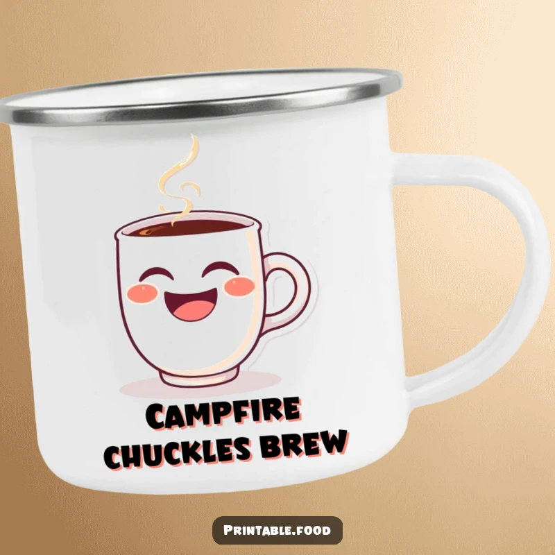 Funny camping mug featuring a winking coffee cup character, steam erupting in merriment, perfect for outdoor enjoyment.