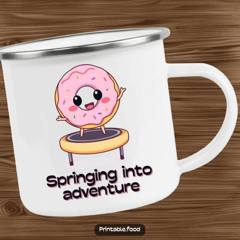 Funny donut character bouncing energetically on a trampoline, printed on a durable camping mug, perfect for outdoor fun and humor.