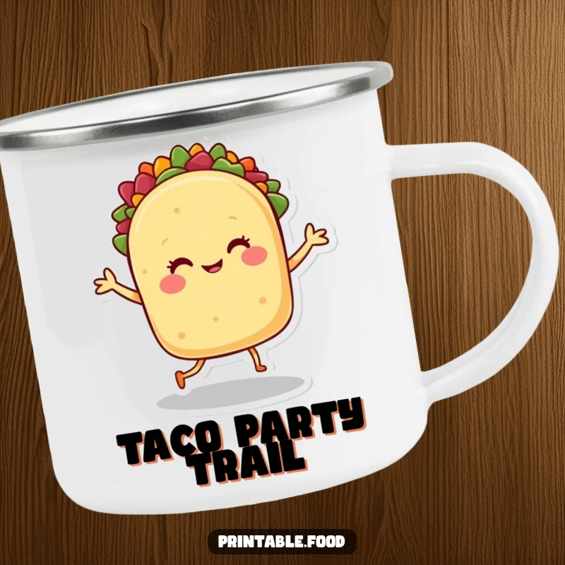 Funny camping mug: A smiling taco character dances merrily, bringing a festive spirit to campfire gatherings.