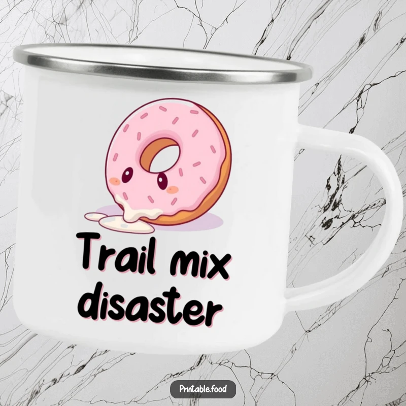 Funny camping mug with a design of a donut character comically tripping over its icing drizzle, perfect for outdoor humor.