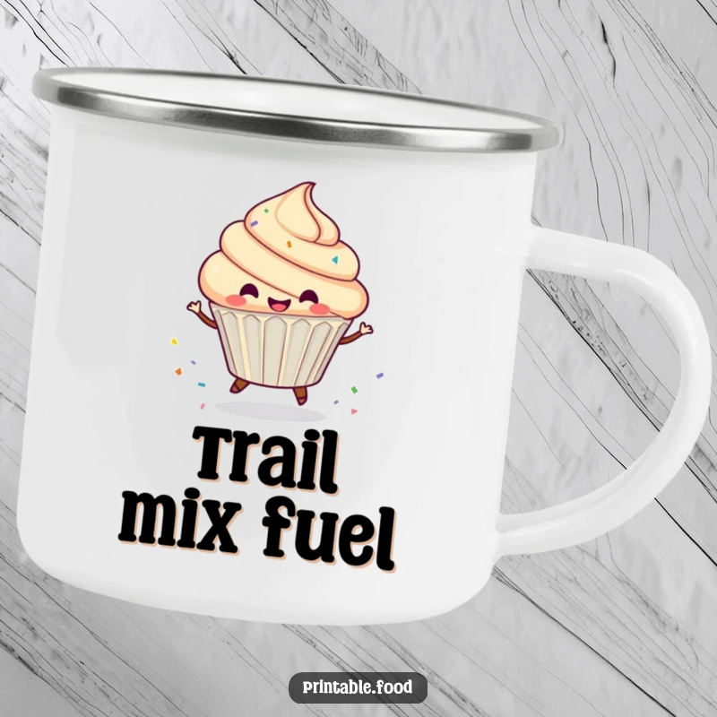 Funny Camping Mug showing a gleeful cupcake character spinning, scattering sprinkles, ready for adventure and a hot drink.