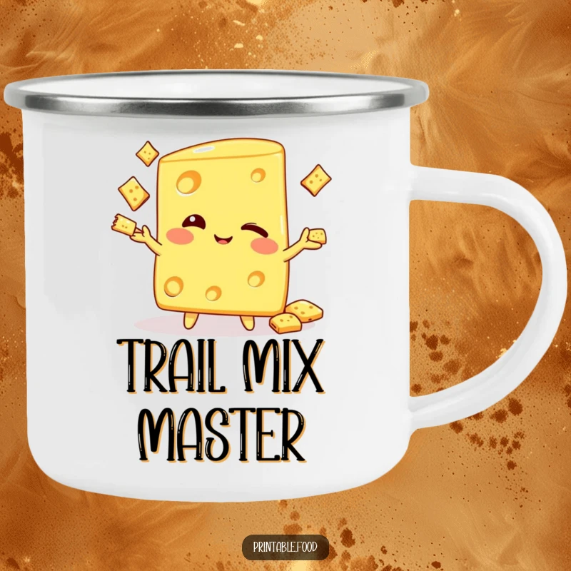 Funny camping mug with a winking cheese wedge character juggling crackers, perfect for outdoor beverages and cheesy morning humor.