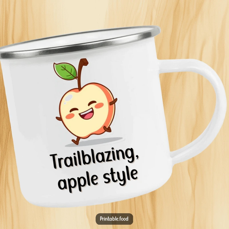 Funny camping mug with a determined apple character grinning as it rolls downhill, embodying adventure and energy.