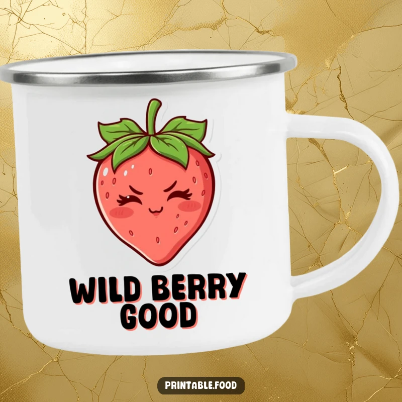 Funny Strawberry Camping Mug: A cheerful strawberry character with a determined wink, perfect for outdoor enthusiasts who love fruity designs.