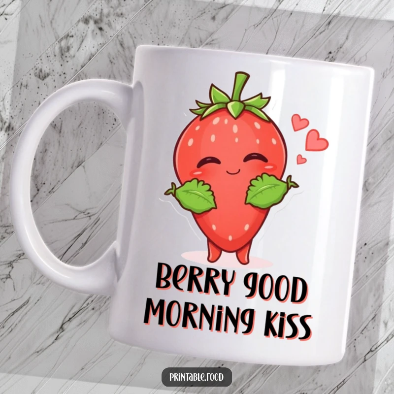 Funny Strawberry Kiss Mug: A giggling strawberry with leafy arms playfully throws a kiss, radiating sweetness and joy.