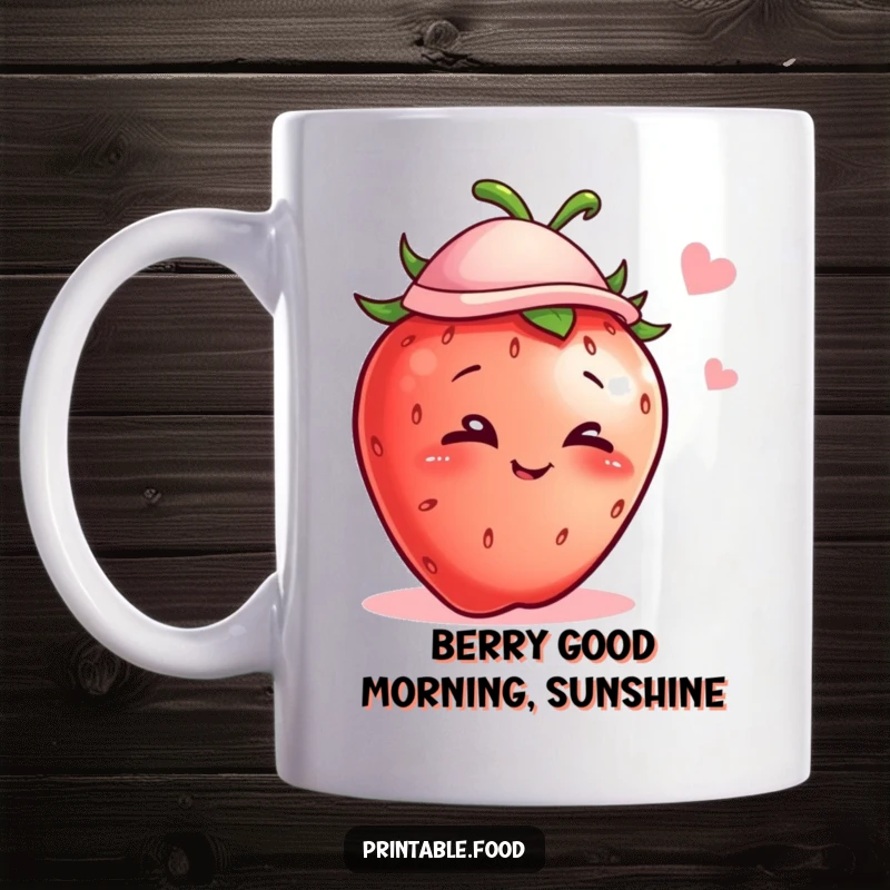 Funny mug featuring a mischievous strawberry wearing a tiny hat and winking playfully, perfect for a kitchen gift.