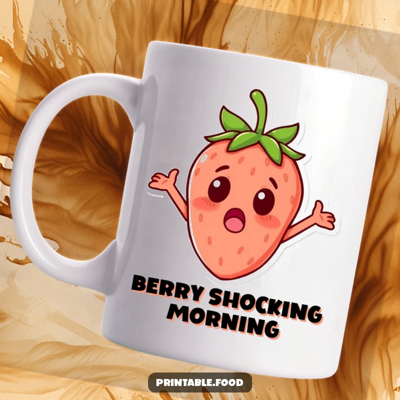 Funny surprised strawberry character with tiny outstretched arms on a coffee mug, perfect for fruity humor.