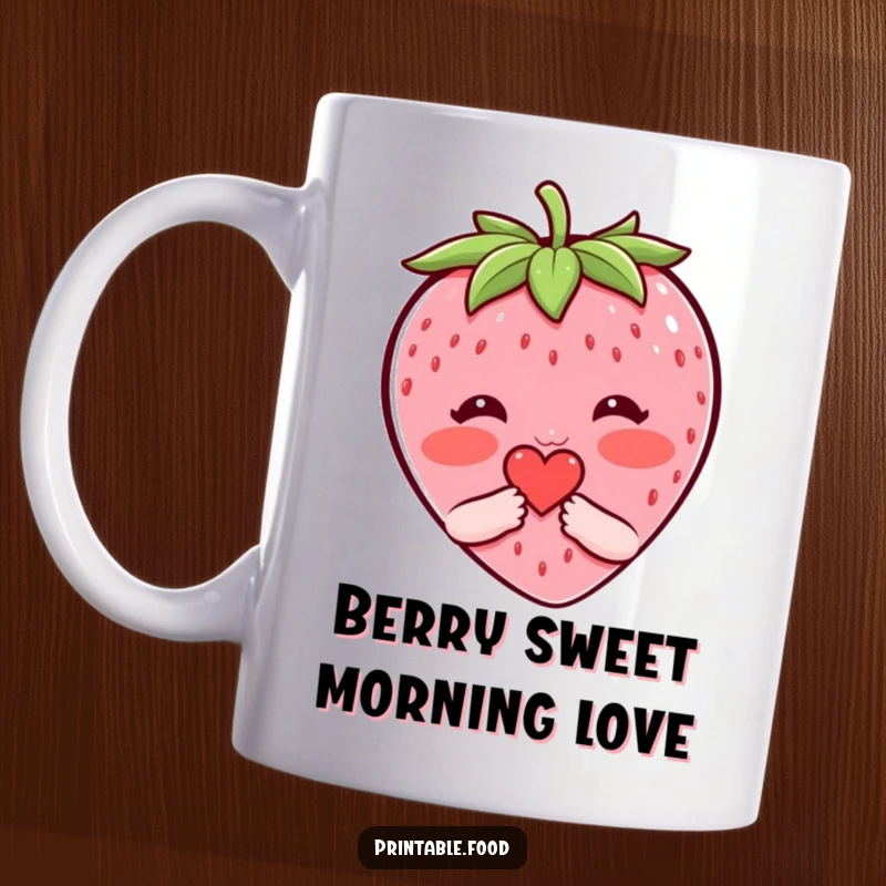 Funny mug showcasing a blushing strawberry character shyly extending a small heart, conveying cute and humorous affection.
