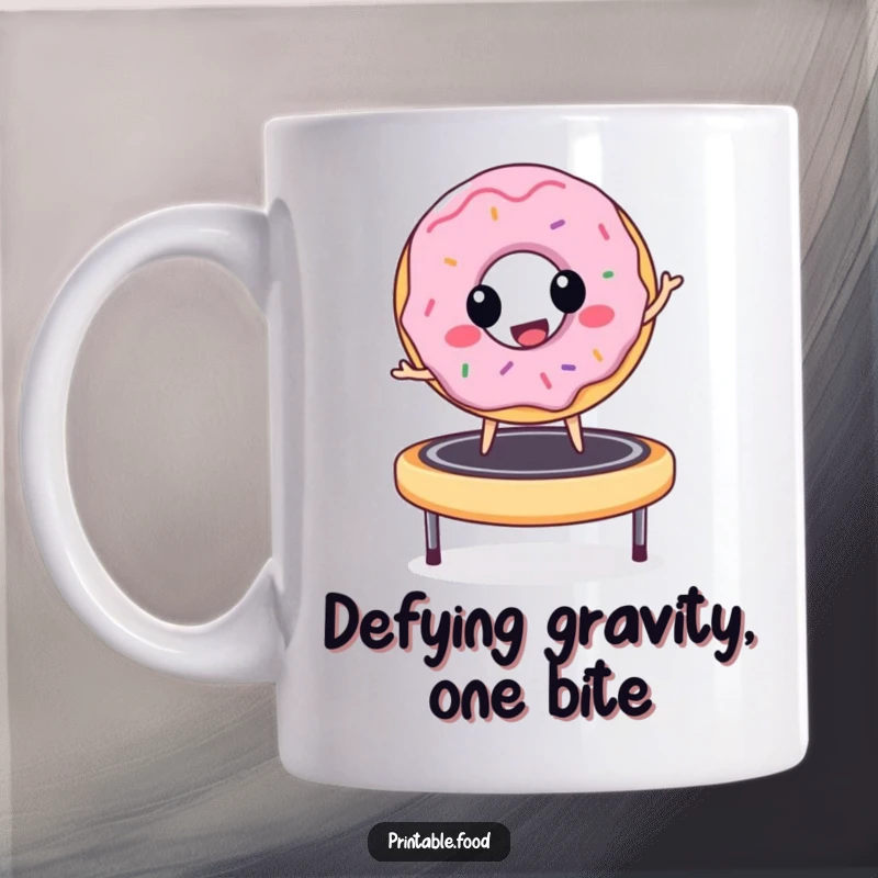 Funny donut character gleefully bouncing high on a trampoline, showcasing pure joy and energetic fun, perfect for a happy gift.