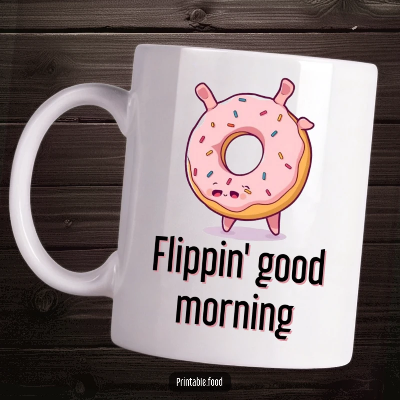 Funny Donut Somersault Mug: A plump donut with sprinkles joyfully performs a somersault, radiating pure, sweet energy.
