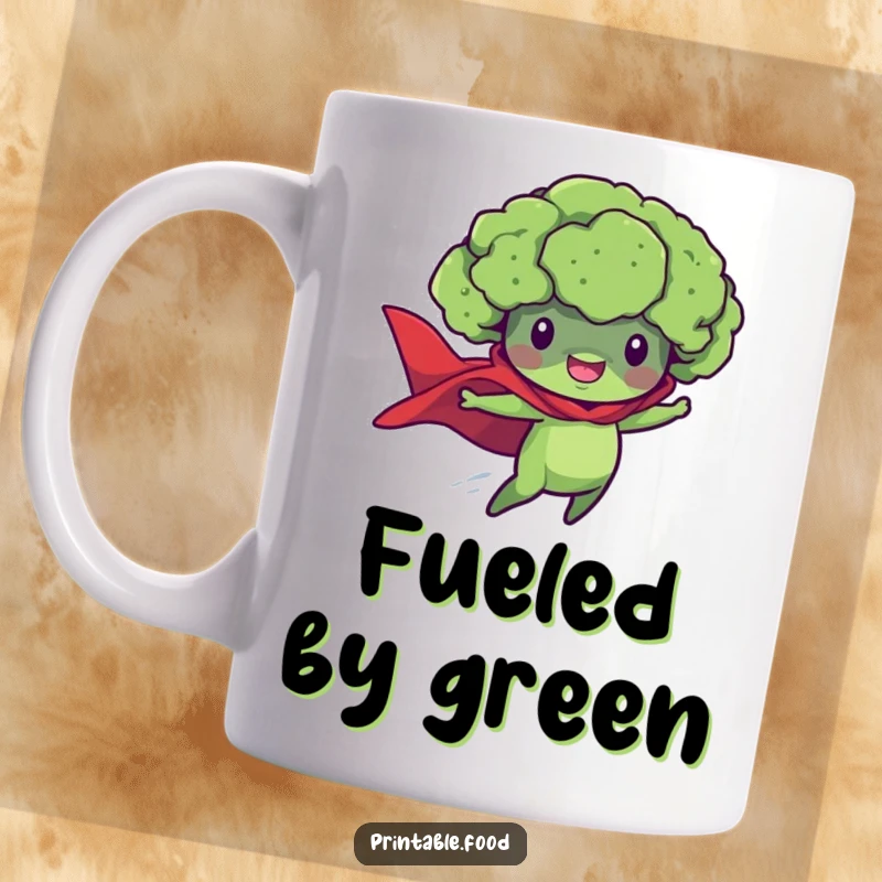 Funny mug featuring a broccoli floret in a superhero cape, flying with determination, ready to conquer mealtime.