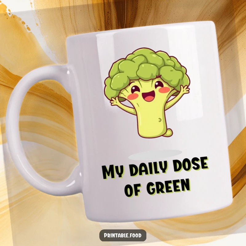Funny mug featuring a beaming broccoli floret mid-air, celebrating with a joyful jump, embodying healthy fun and vibrant energy.