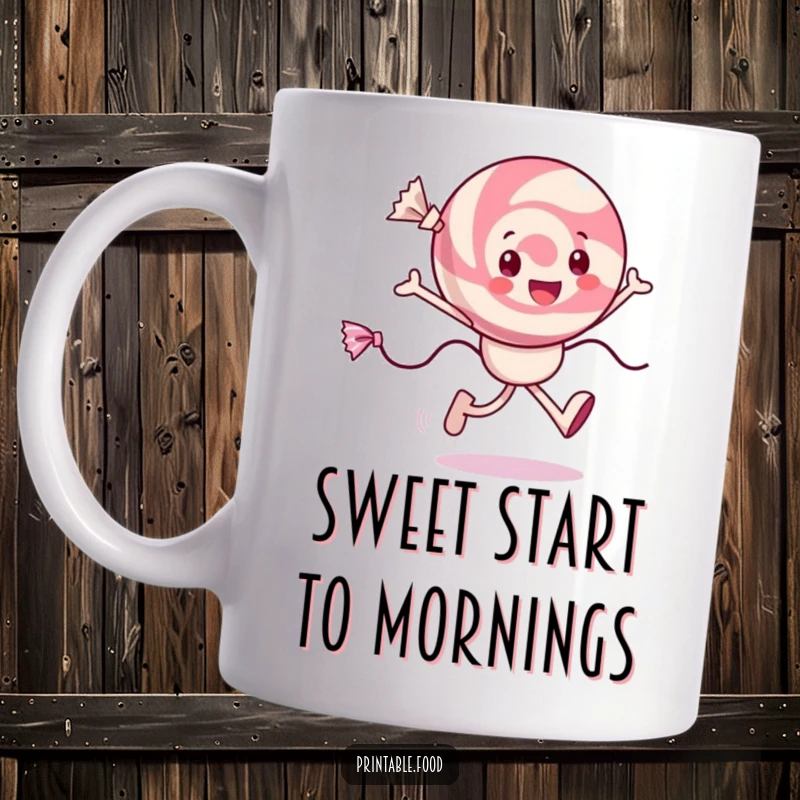 Funny cheerful candy mug with a character skipping joyfully, wrappers trailing, perfect for sweet treats and happy times.