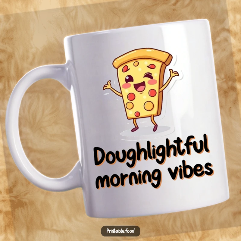 Funny mug showcasing a cheerful pizza slice character joyfully dancing on its crust, radiating pure happiness and love for pizza.