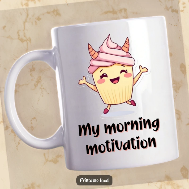 Funny mug featuring a grinning cupcake with bright red frosting horns, joyfully hopping with excitement, ready to add cheer.