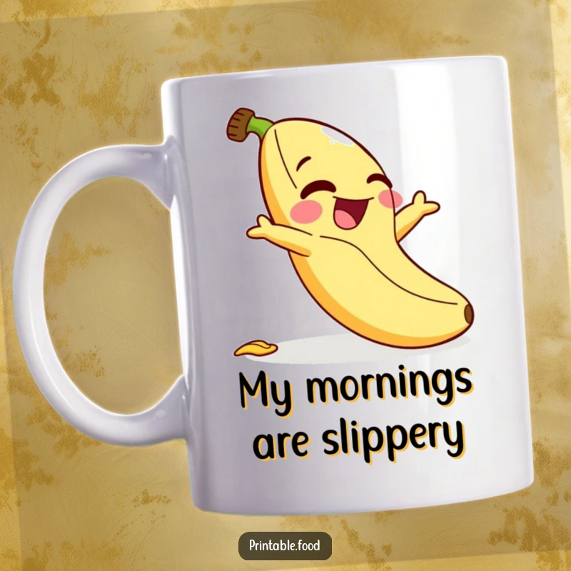 Funny mug: A giggling banana character comically slips on its own peel, showcasing pure, unadulterated laughter and cartoonish slapstick.