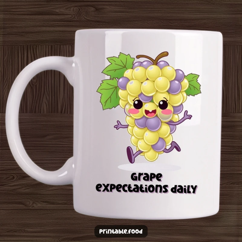 Funny grape bunch character with tiny feet energetically running across the mug, ideal for a humorous and active gift.