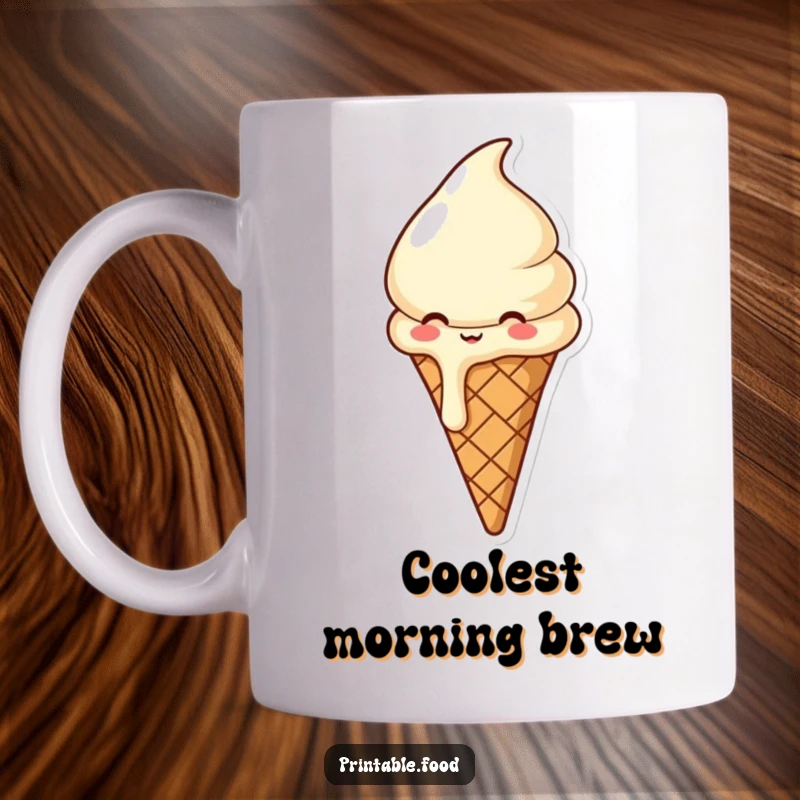Funny mug featuring a joyful ice cream cone, slightly melting with delight and exuding pure, sweet happiness and amusement.