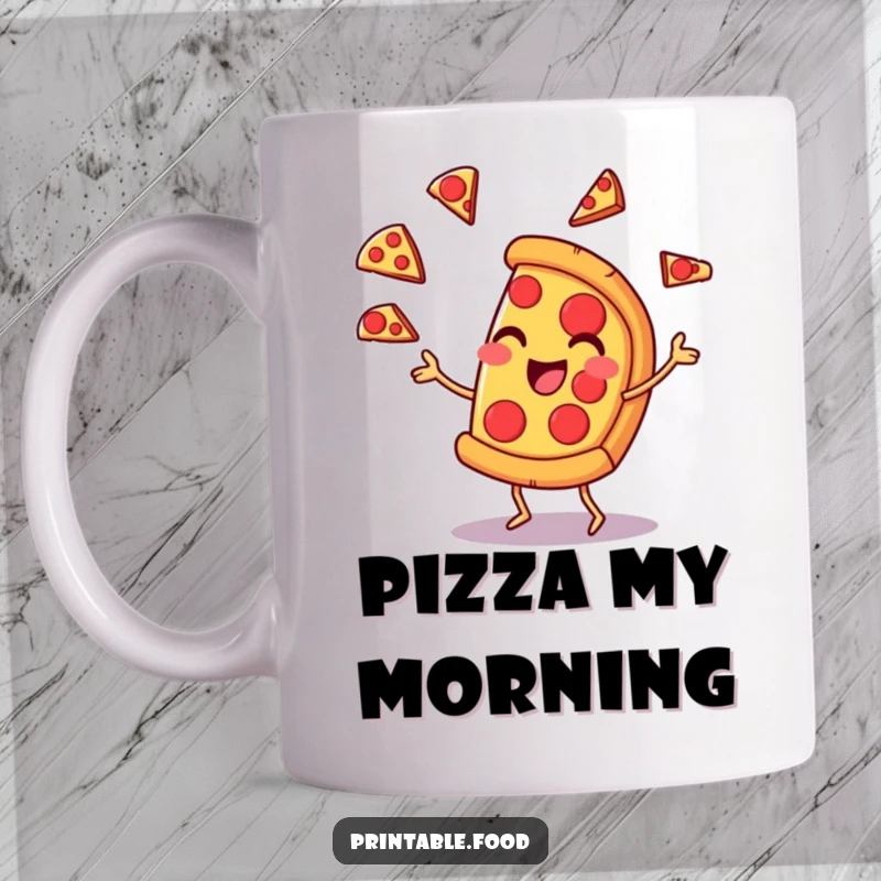 Funny mug showing a cheerful pizza slice character skillfully juggling pepperoni slices with a confident smirk, a delightful culinary delight.