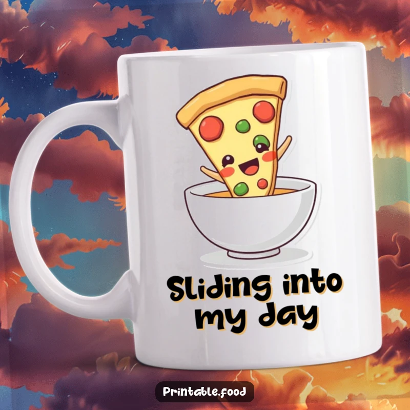 Funny pizza slice character gleefully sliding face-first into a bowl, conveying pure delight and a love for food, ideal for a funny mug.