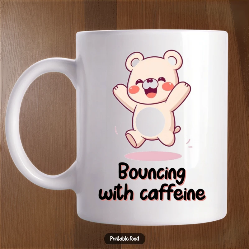 Funny mug with a playful gummy bear character bouncing enthusiastically like a spring, embodying pure joy.