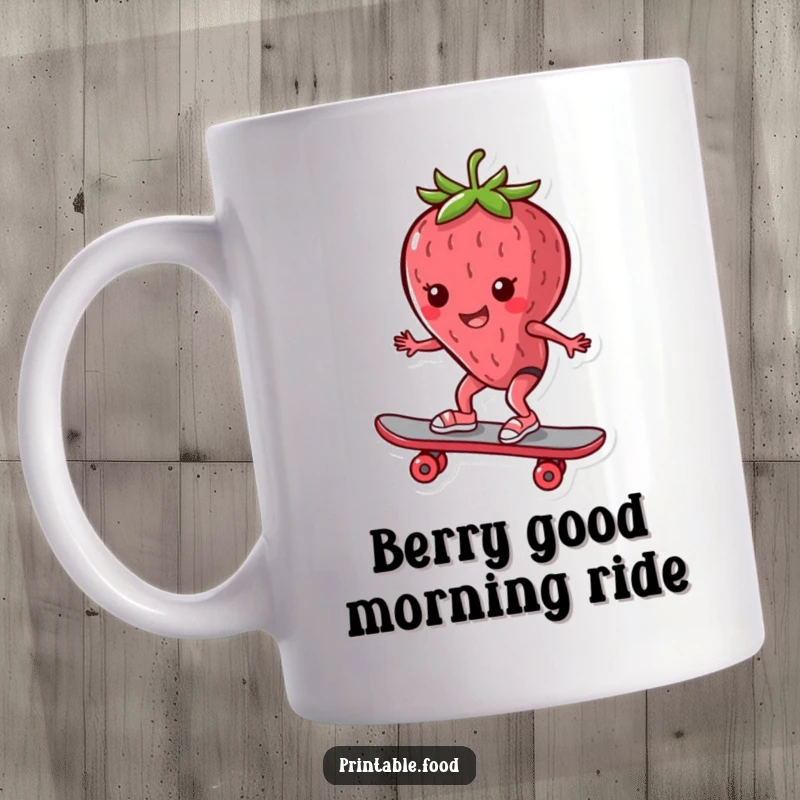 Funny Mug: A playful strawberry character actively riding a skateboard with a joyful, energetic expression, embodying fruity fun.