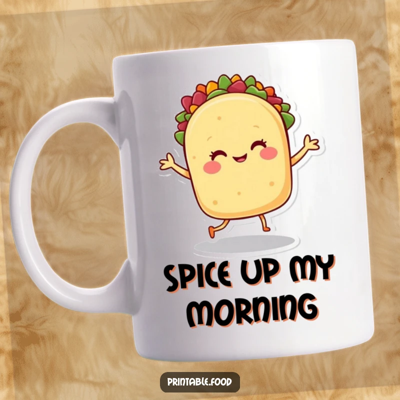 Funny mug: A smiling taco character with legs enthusiastically dances, embodying pure culinary joy and festive spirit.