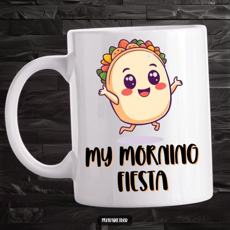 Funny mug featuring a smiling taco character joyfully dancing with wide, excited eyes, embodying pure culinary delight and festive energy.
