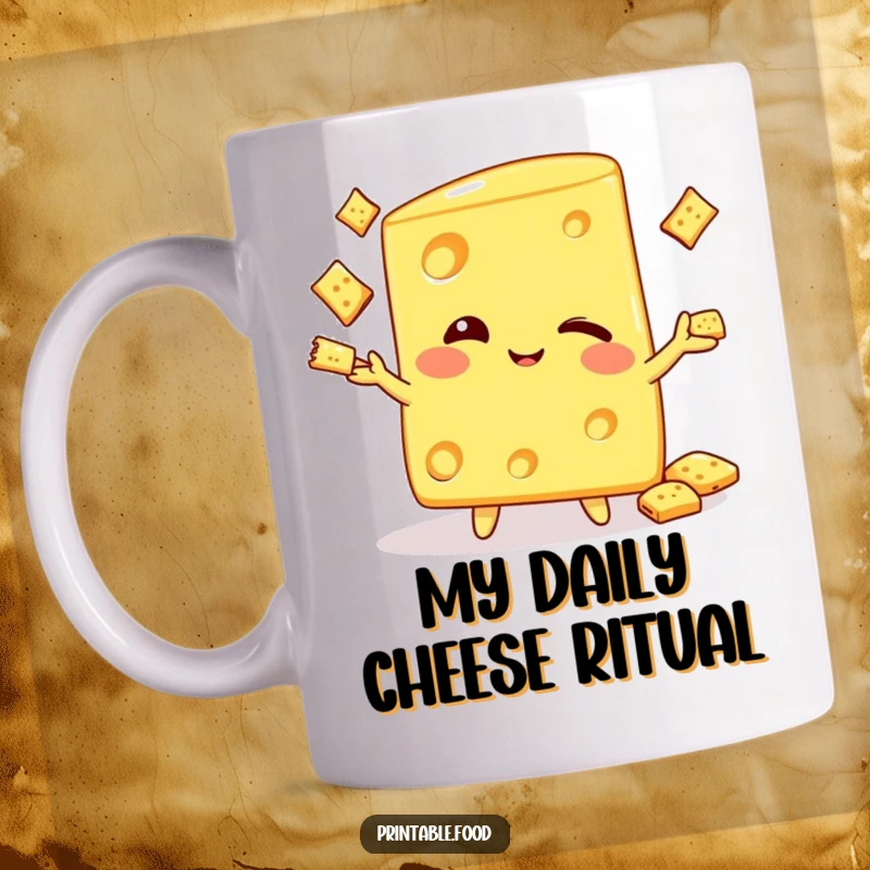 Funny mug with a winking cheese wedge character expertly juggling small crackers, showcasing cheesy humor and a playful, skilled personality.