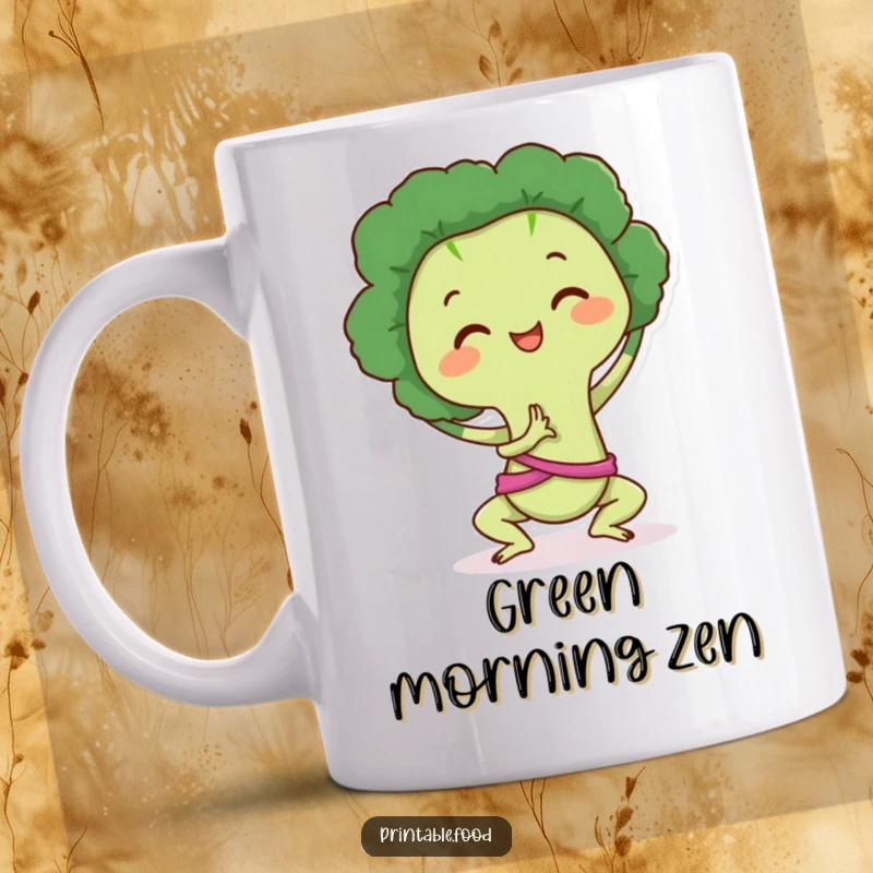 Funny Mug: A happy broccoli character in a perfect yoga pose, radiating peace and healthy humor, promoting wellness.