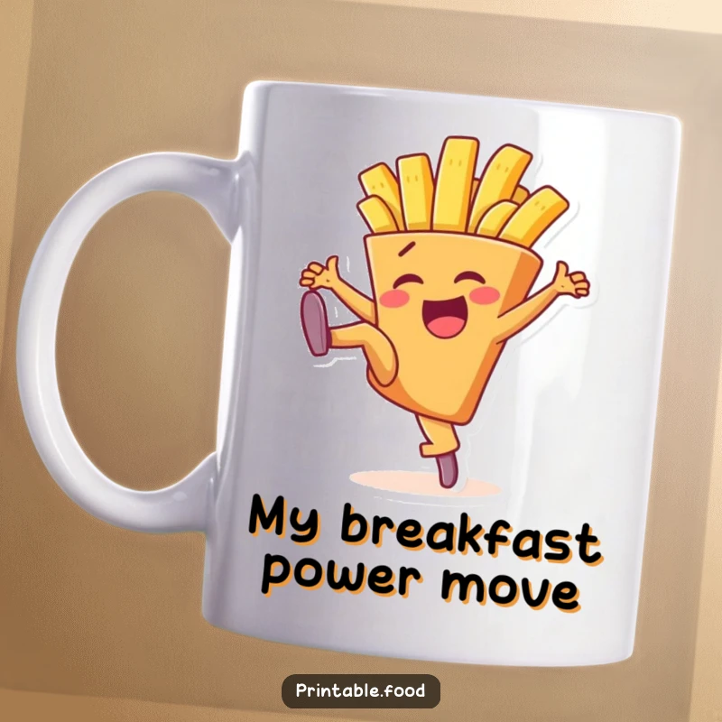 Funny mug featuring a delighted french fry character enthusiastically performing a high kick with a huge smile, spreading joy.