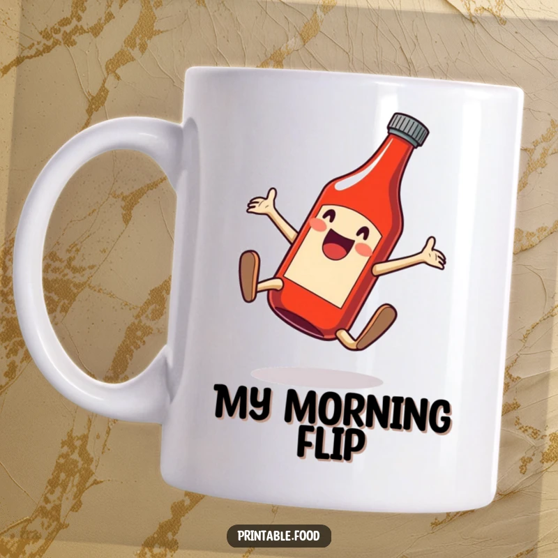 Funny mug featuring a delighted bottle of ketchup performing a joyful cartwheel, full of zest and energetic fun.