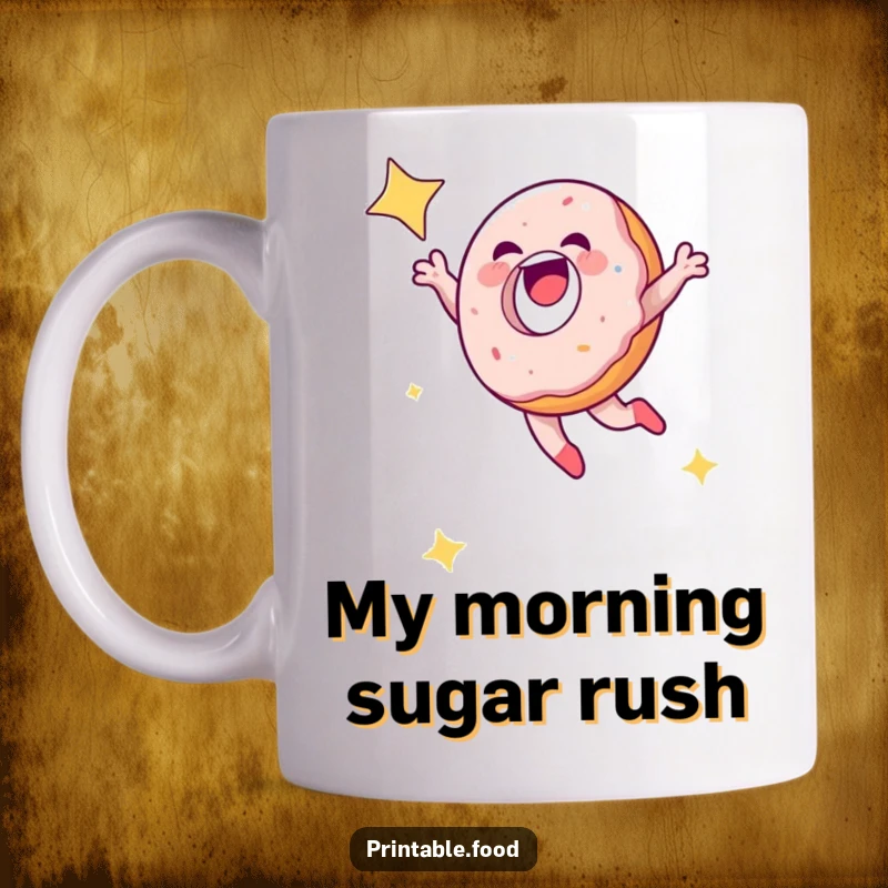 Funny laughing doughnut character leaping joyfully into a starry night sky on a coffee mug, sweet humor.