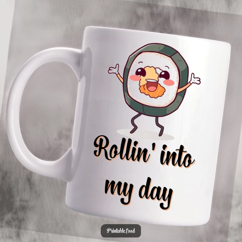 Funny mug featuring a cheerful sushi roll character with tiny legs, enthusiastically doing a joyful jig, spreading happiness.