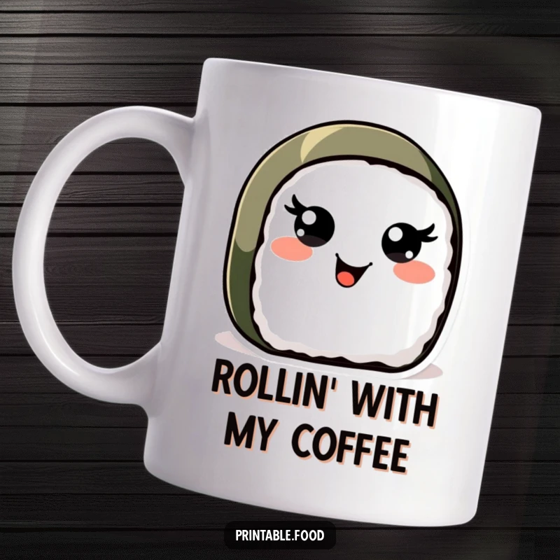 Funny Sushi Roll Mug: A happy sushi roll character with wide, wiggling eyes beams with pure joy and delicious energy.