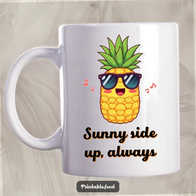 Funny mug featuring a cheerful pineapple wearing cool sunglasses and humming a happy tune, embodying tropical relaxation and fun.