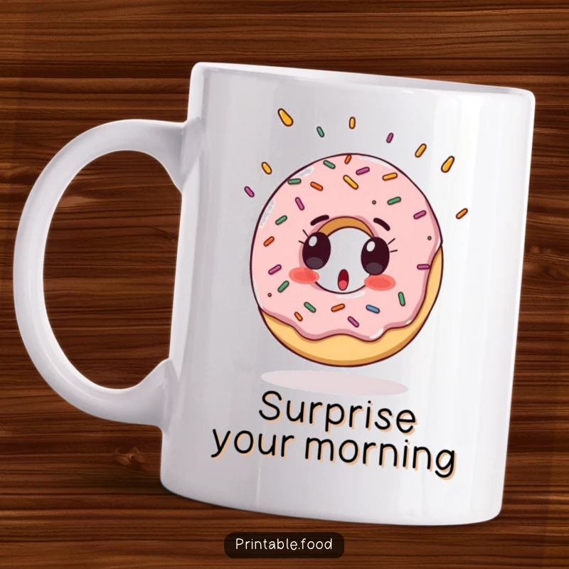 Funny Mug with a surprised donut character, sprinkles falling like rain, a delightful and sweet design.