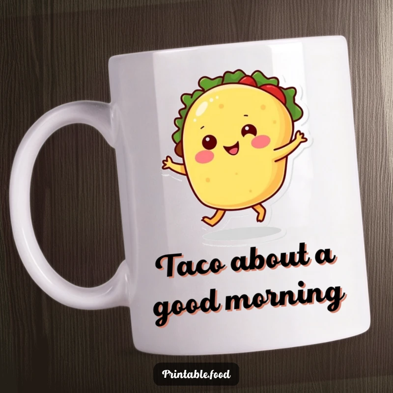 Funny mug featuring a smiling taco with cartoon legs joyfully dancing and spinning, full of festive energy.